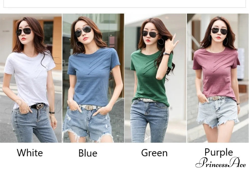 Tops Loose Tee-Shirts Blue Ribbed Warm-Season Cotton T-shirts Casual Button O-Neck Fashion Korea Women S-3XL