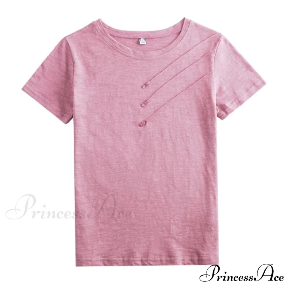 Tops Loose Tee-Shirts Blue Ribbed Warm-Season Cotton T-shirts Casual Button O-Neck Fashion Korea Women S-3XL
