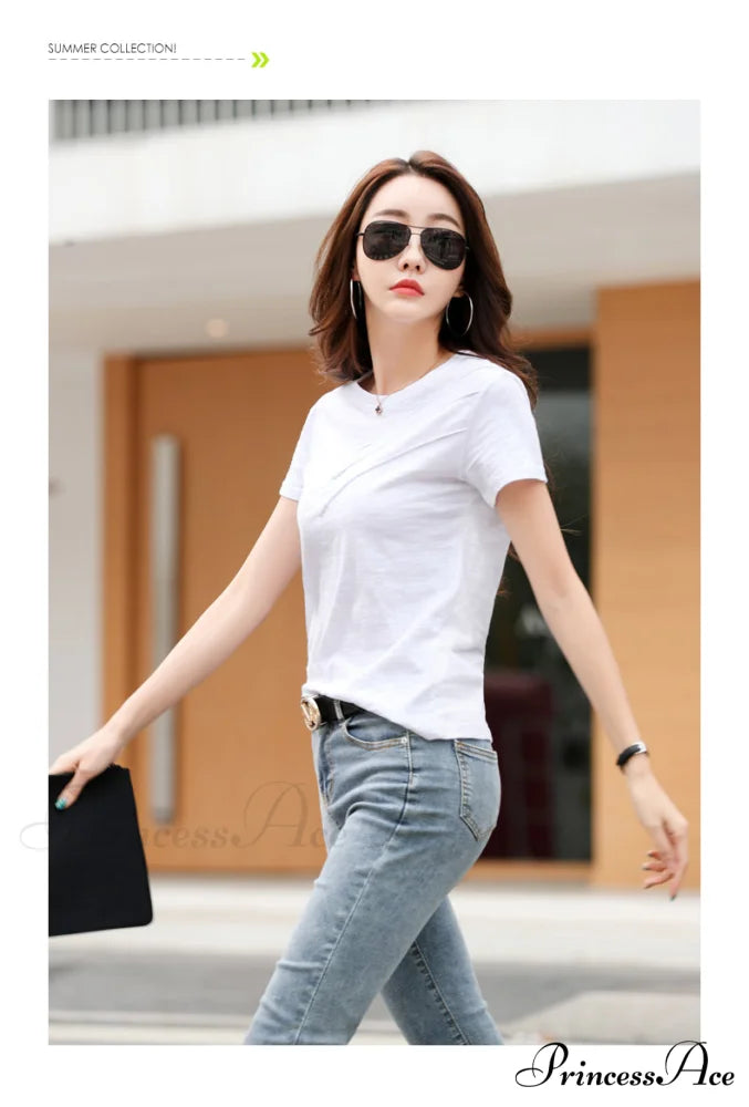 Tops Loose Tee-Shirts Blue Ribbed Warm-Season Cotton T-shirts Casual Button O-Neck Fashion Korea Women S-3XL