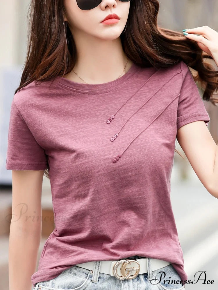 Tops Loose Tee-Shirts Blue Ribbed Warm-Season Cotton T-shirts Casual Button O-Neck Fashion Korea Women S-3XL Purple red
