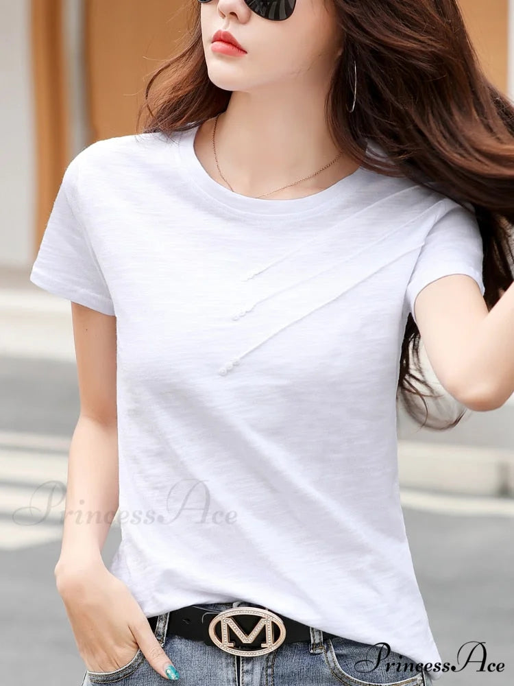 Tops Loose Tee-Shirts Blue Ribbed Warm-Season Cotton T-shirts Casual Button O-Neck Fashion Korea Women S-3XL White / S