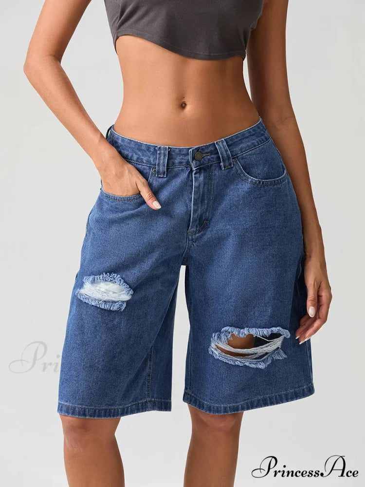 Torn Button Mid-Length Denim Short short-250223