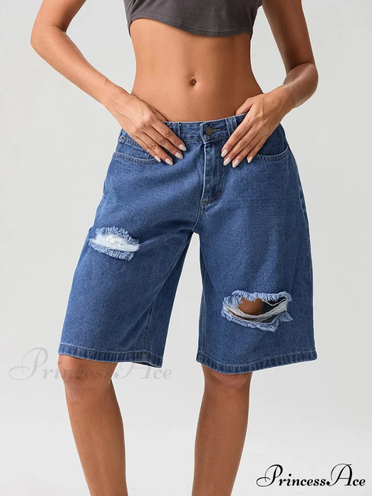 Torn Button Mid-Length Denim Short short-250223
