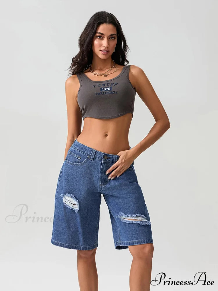 Torn Button Mid-Length Denim Short short-250223