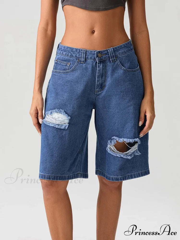 Torn Button Mid-Length Denim Short short-250223