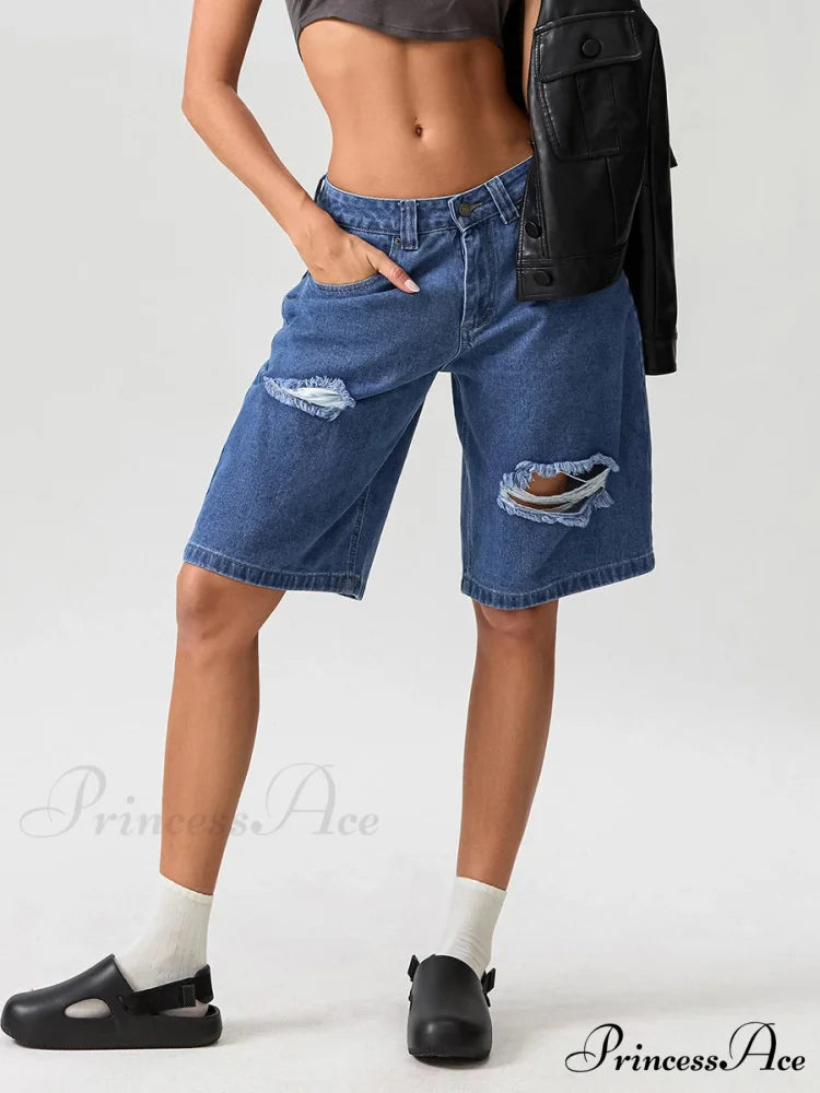 Torn Button Mid-Length Denim Short short-250223