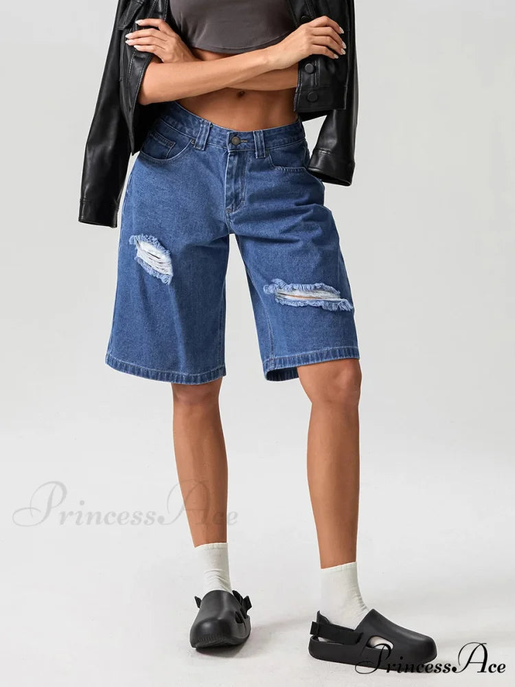 Torn Button Mid-Length Denim Short DEEP BLUE / S short-250223