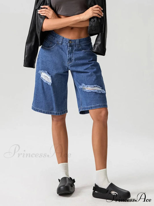 Torn Button Mid-Length Denim Short DEEP BLUE / S short-250223