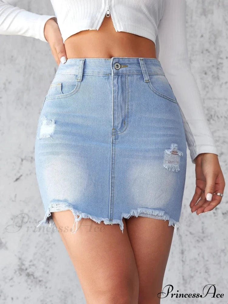 Torn Unfinished Hem A-Line Skirt Blue / S skirts-250223