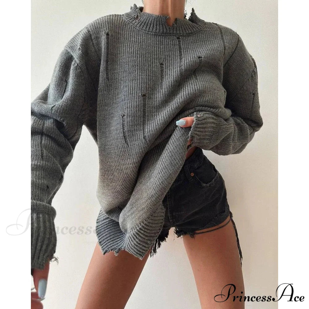 Torn Y2K Informal Long Sleeve Jumper DARK GRAY / S swraters-241228