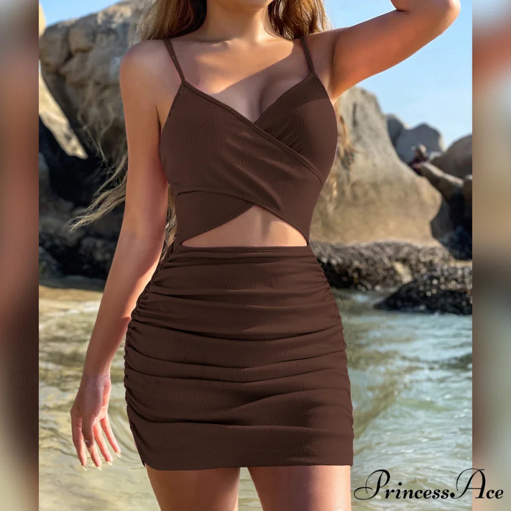 Total Dream Stylish Satin Mini Dress Brown / XS