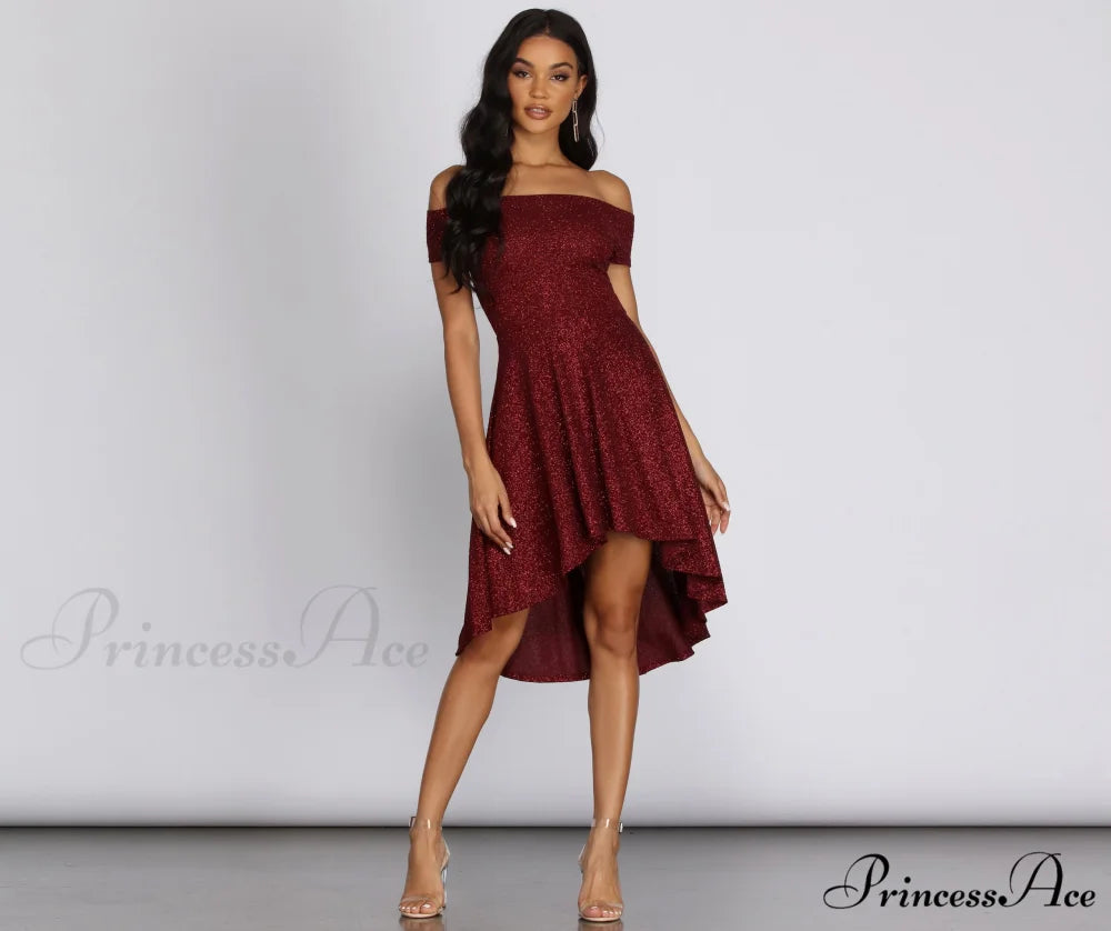 Total Twirl Stylish Glitter Skater Dress BURGUNDY / XS