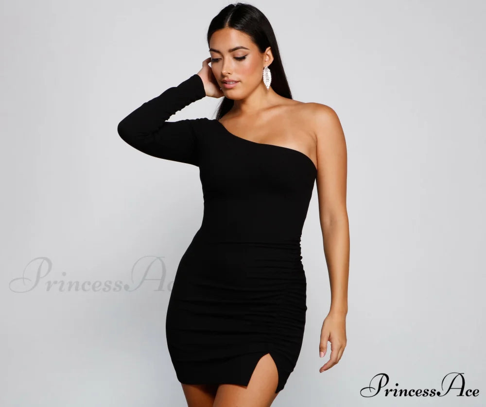 Totally Chic Stylish One-Shoulder Mini Dress BLACK / XS