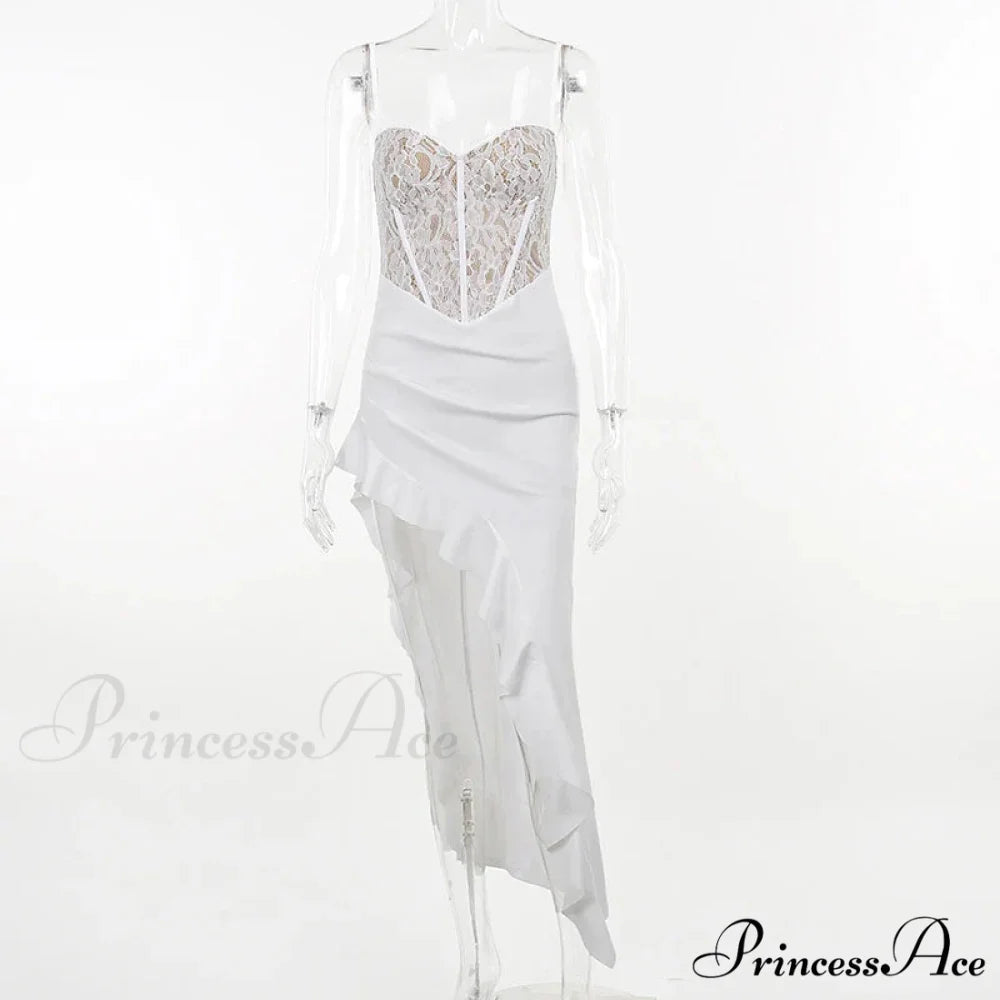 Townlike Ruffles Lace Patchwork Long Nightclub Sexy Party Bodycon Dress WHITE / S