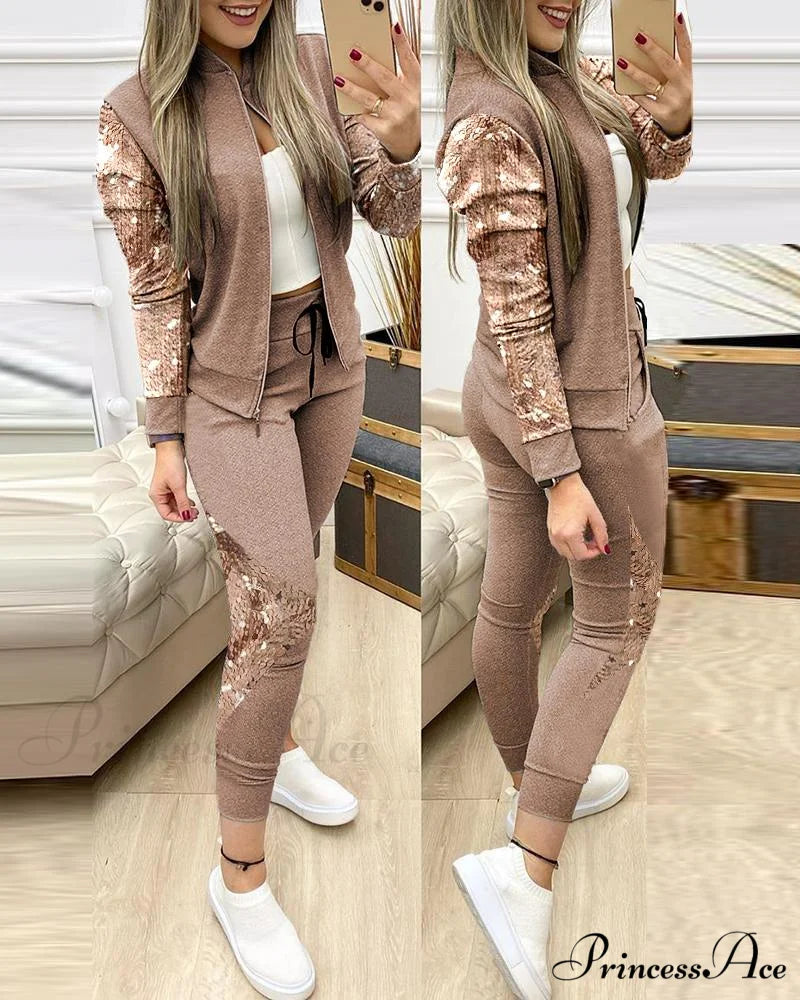 Tracksuit Winter - Zipper Piece for Pants Autumn + 2 Set Long Sports Jacket Suit Fashion Women Auburn / S