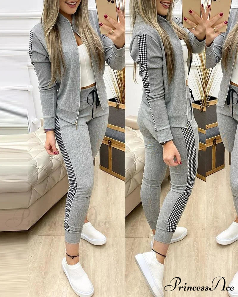 Tracksuit Winter - Zipper Piece for Pants Autumn + 2 Set Long Sports Jacket Suit Fashion Women Gray / S