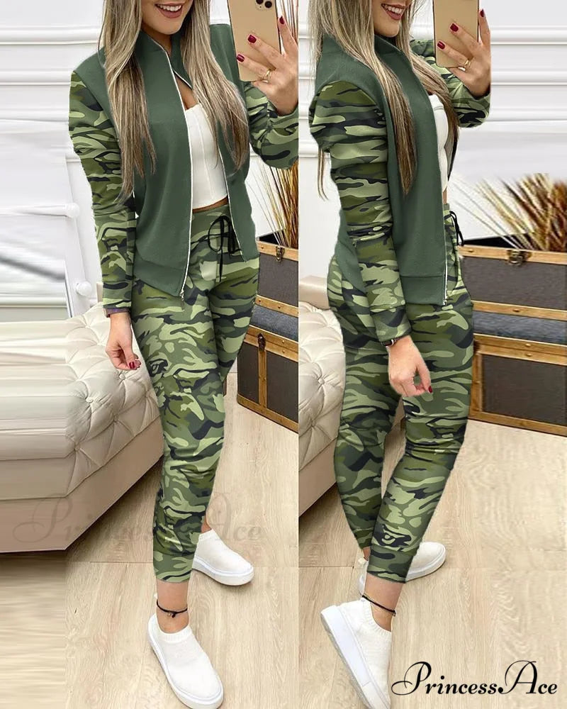 Tracksuit Winter - Zipper Piece for Pants Autumn + 2 Set Long Sports Jacket Suit Fashion Women Green / S