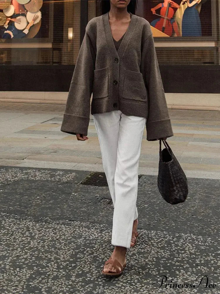 Traditional Strong Pocket V-Neck Single-Breasted Cardigan cardiagn-250126