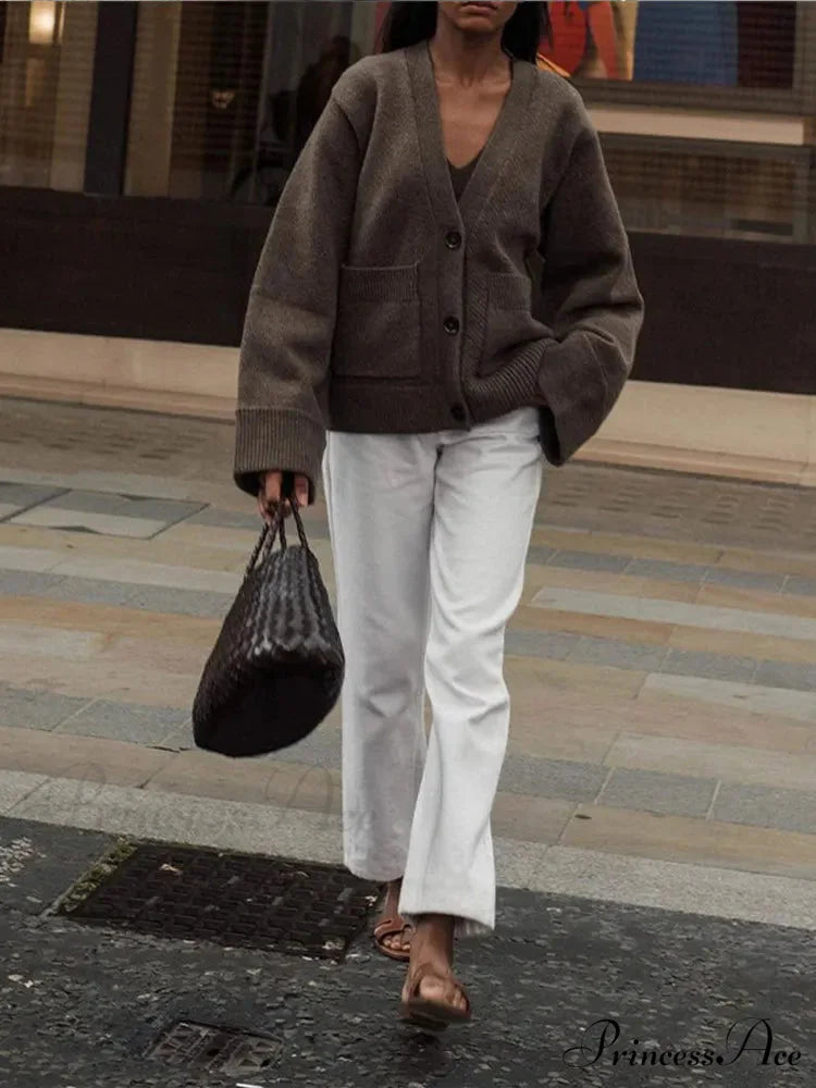 Traditional Strong Pocket V-Neck Single-Breasted Cardigan cardiagn-250126