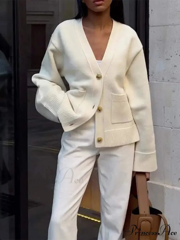 Traditional Strong Pocket V-Neck Single-Breasted Cardigan White / S cardiagn-250126