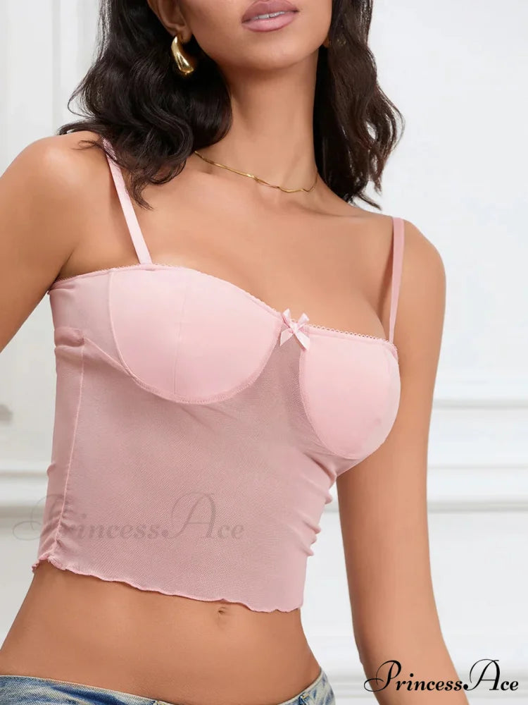 Transparent Camisole Sweetheart Ribbon Spaghetti Strap Crop Top Pink / S croptop-250126