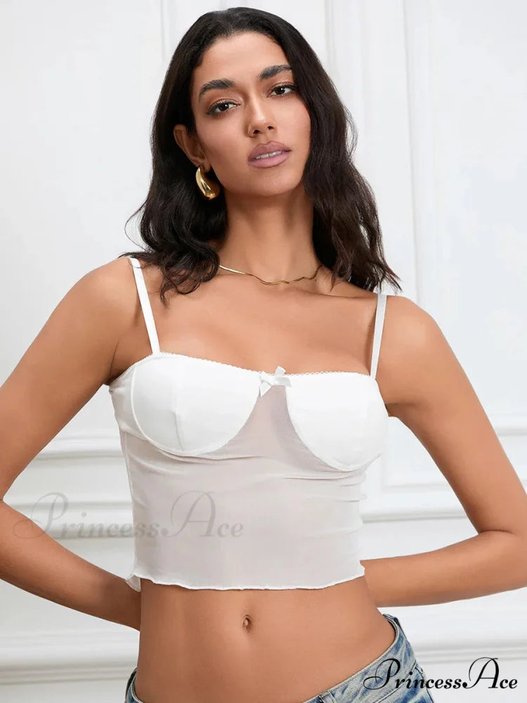 Transparent Camisole Sweetheart Ribbon Spaghetti Strap Crop Top WHITE / S croptop-250126