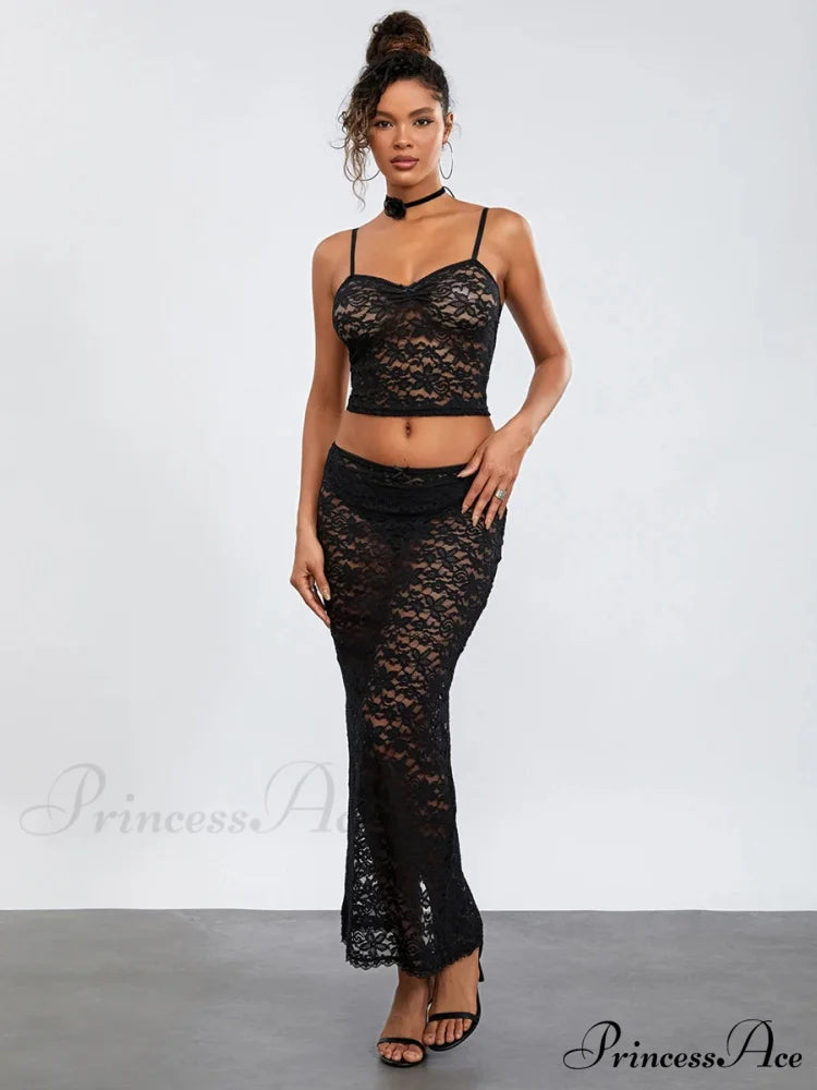 Transparent Ebony Lace Crochet Camisole Crop Top Lengthy Floral Skirt floraldress-250126