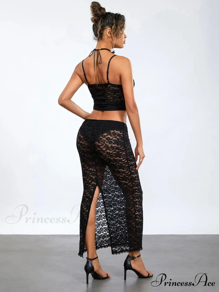 Transparent Ebony Lace Crochet Camisole Crop Top Lengthy Floral Skirt floraldress-250126
