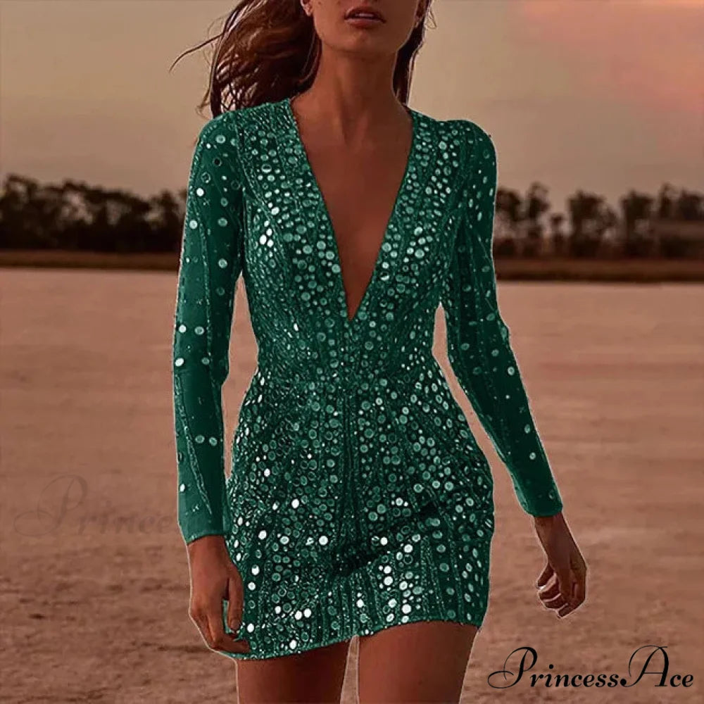 Transparent Extended Sleeve Low Cut Formal Gown green / S promdress-250223