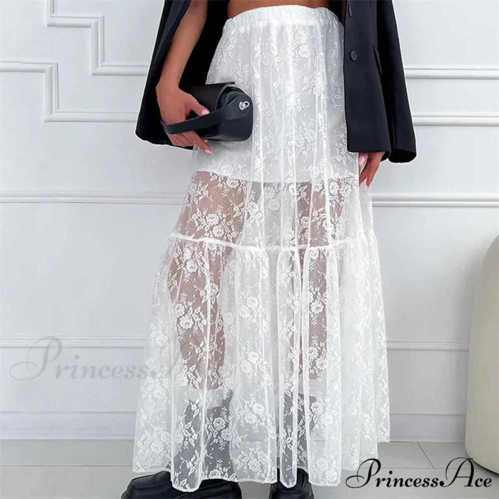 Transparent Floral Lace Stretchy High Waist A-Line Maxi Skirt Holiday Celebration skirt-250126