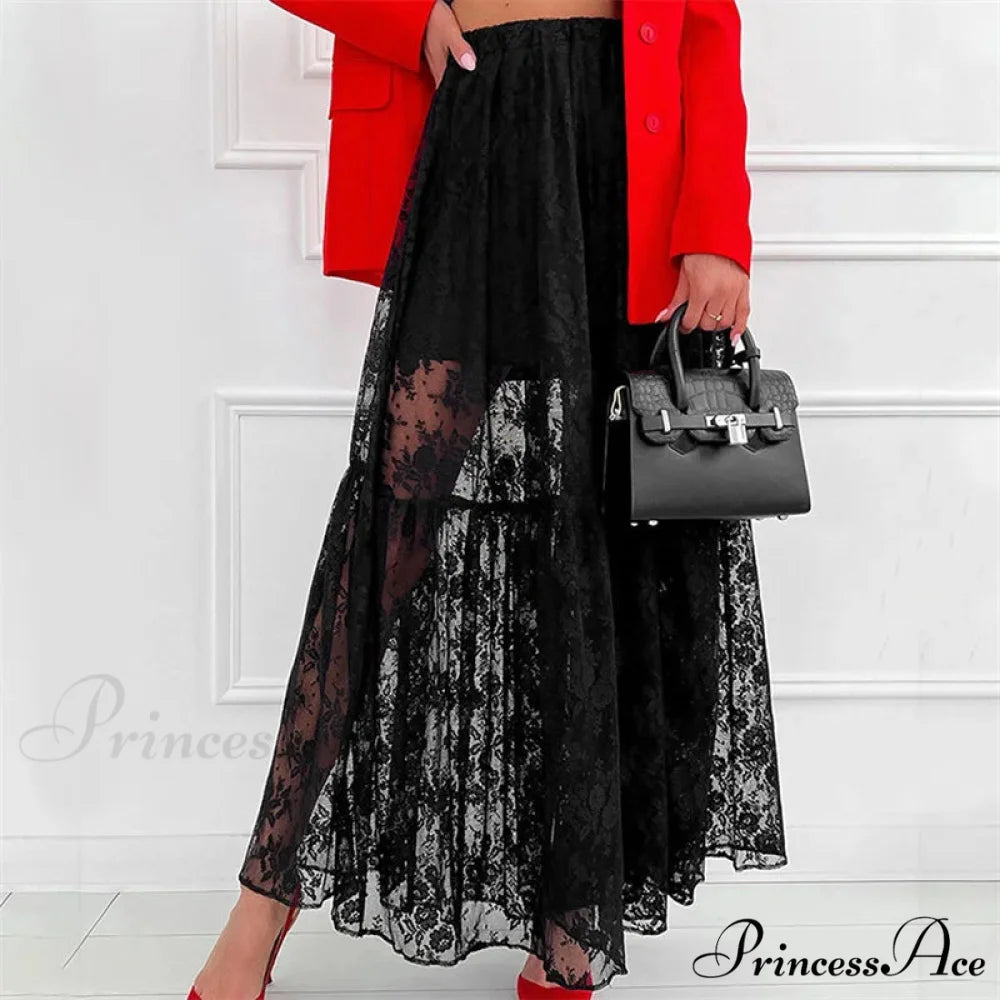 Transparent Floral Lace Stretchy High Waist A-Line Maxi Skirt Holiday Celebration skirt-250126