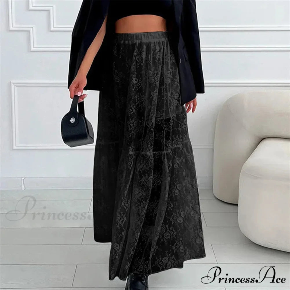Transparent Floral Lace Stretchy High Waist A-Line Maxi Skirt Holiday Celebration skirt-250126