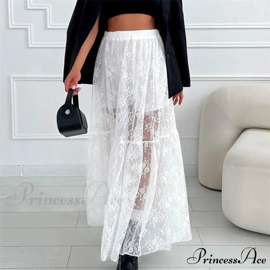 Transparent Floral Lace Stretchy High Waist A-Line Maxi Skirt Holiday Celebration skirt-250126