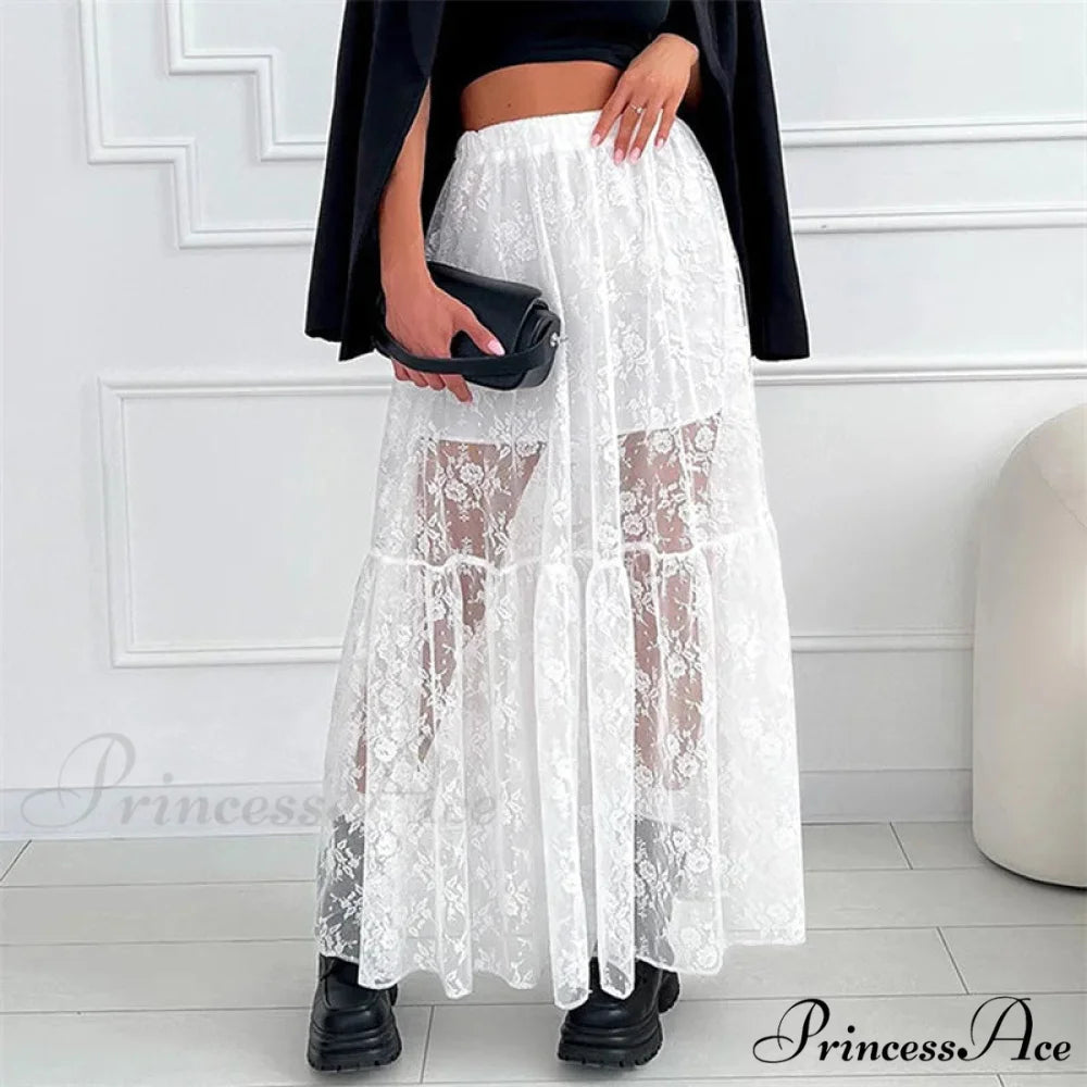 Transparent Floral Lace Stretchy High Waist A-Line Maxi Skirt Holiday Celebration WHITE / S skirt-250126