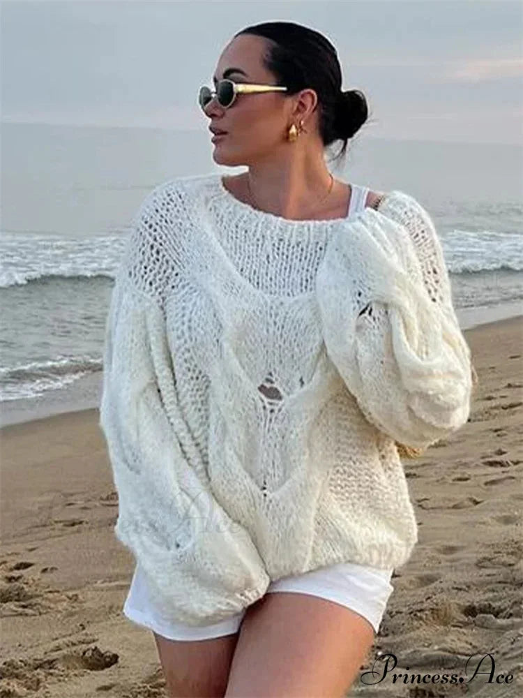 Transparent Informal Baggy Y2K Knitted Sweater WHITE / S swraters-241228