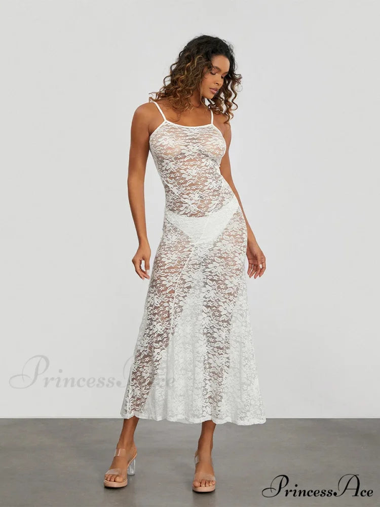 Transparent Ivory Lace Sheer Open-Back Thin Strap Sun Dress floraldress-250126