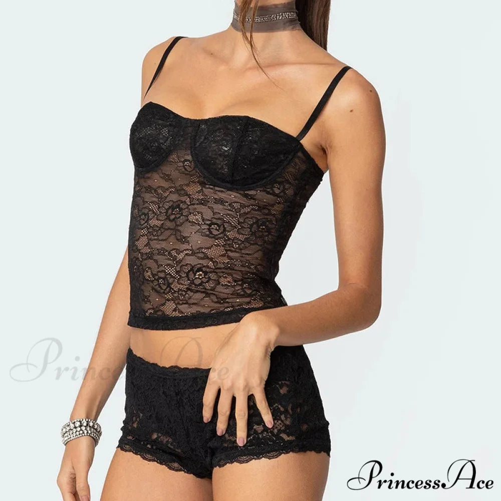 Transparent Lace Cupped Corset Hook Eye Back Crop Top Transparent Shorts Two Pieces Set twopiecesset-250126