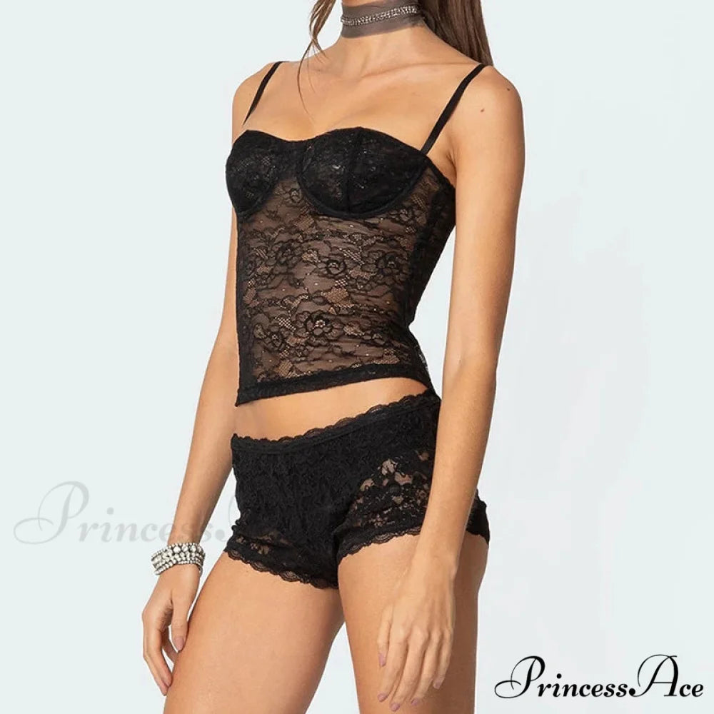 Transparent Lace Cupped Corset Hook Eye Back Crop Top Transparent Shorts Two Pieces Set twopiecesset-250126