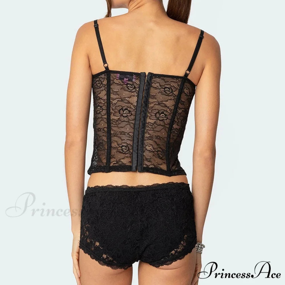 Transparent Lace Cupped Corset Hook Eye Back Crop Top Transparent Shorts Two Pieces Set twopiecesset-250126
