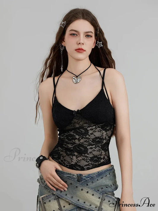 Transparent Lace Flowery Halter Bind-up Nightspot Camisole Top Black / S croptop-250126
