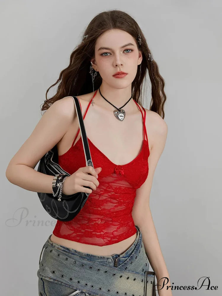 Transparent Lace Flowery Halter Bind-up Nightspot Camisole Top croptop-250126