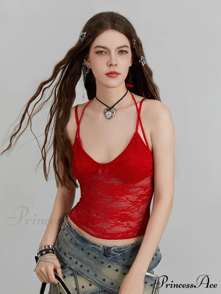 Transparent Lace Flowery Halter Bind-up Nightspot Camisole Top croptop-250126