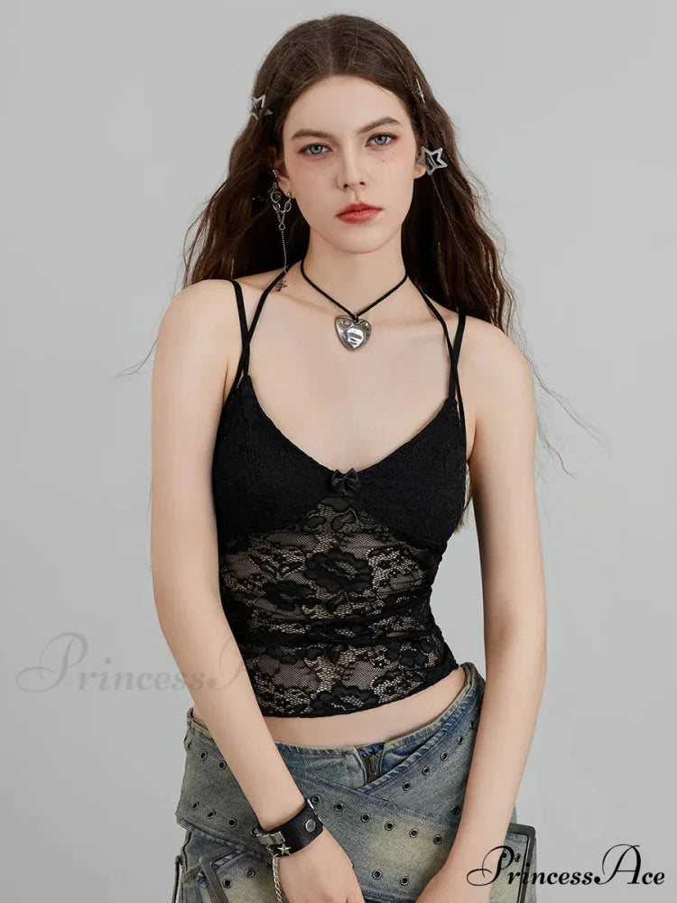 Transparent Lace Flowery Halter Bind-up Nightspot Camisole Top croptop-250126
