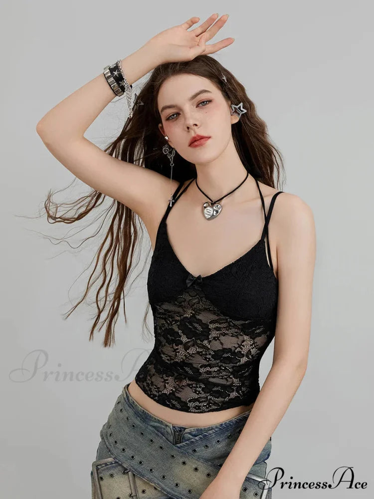 Transparent Lace Flowery Halter Bind-up Nightspot Camisole Top croptop-250126