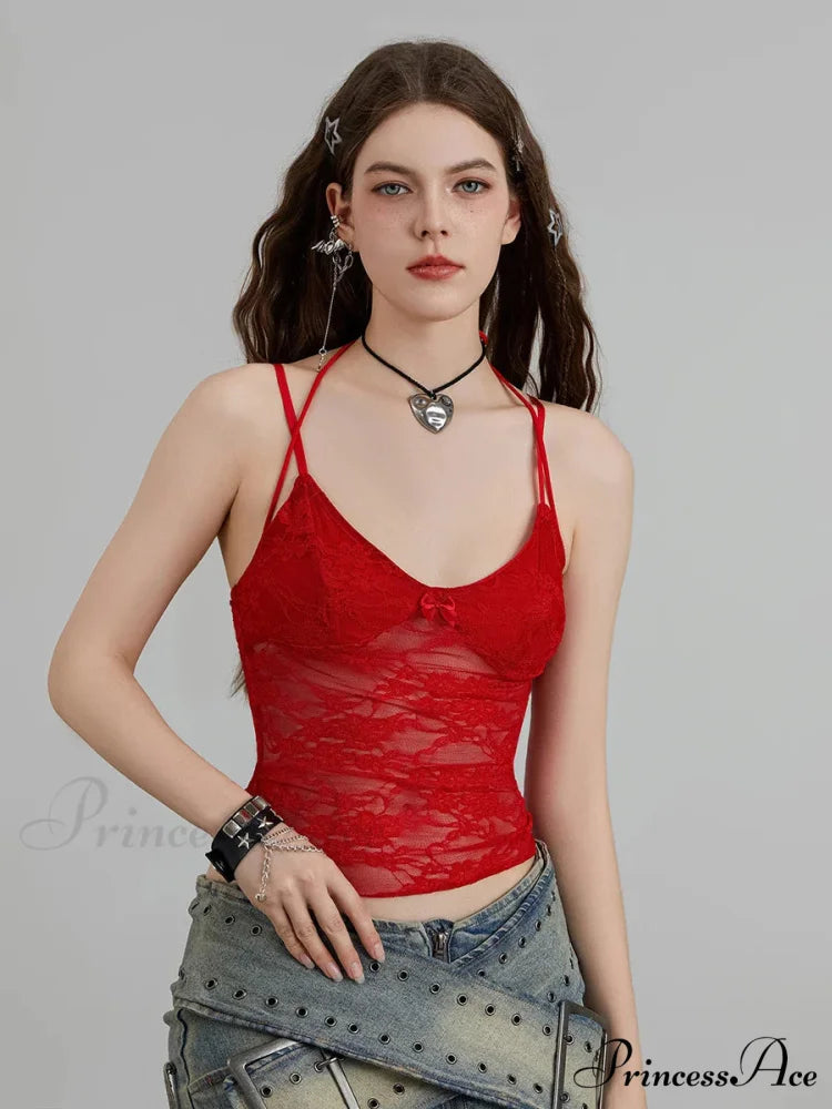 Transparent Lace Flowery Halter Bind-up Nightspot Camisole Top Red / S croptop-250126