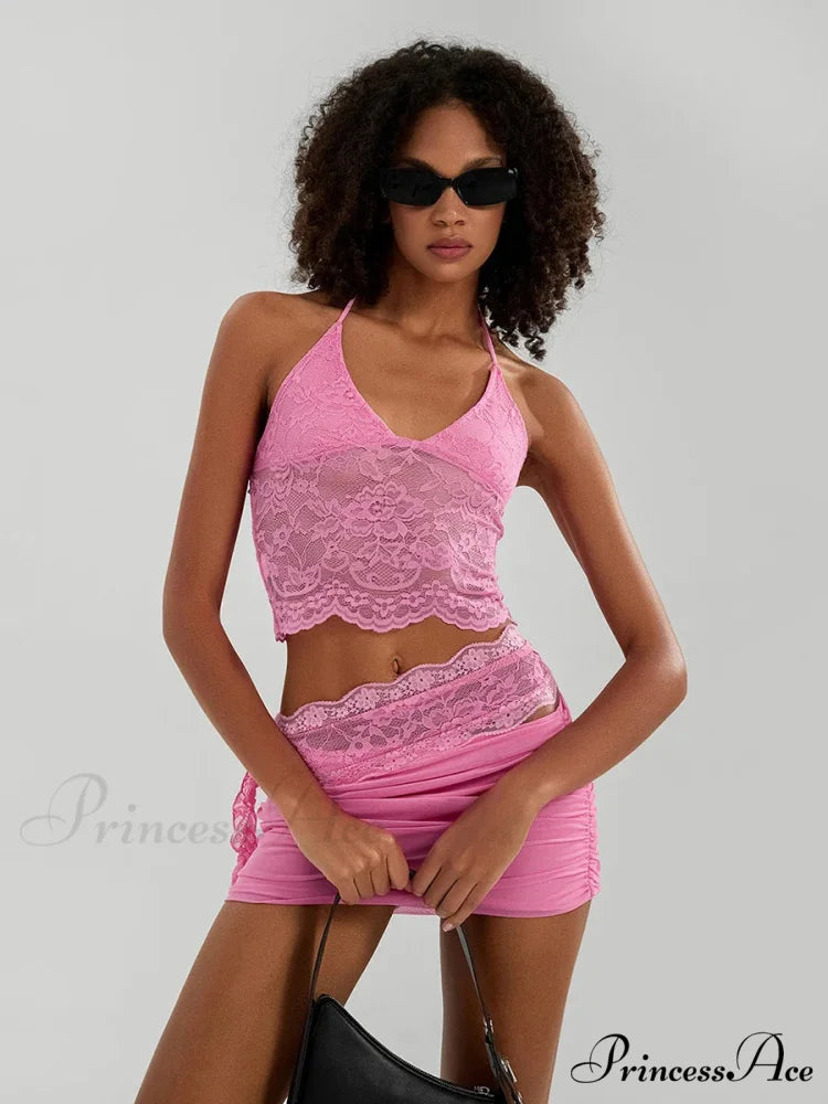Transparent Lace Halter Crop Top Uneven Skirt Ensemble croptop-250126
