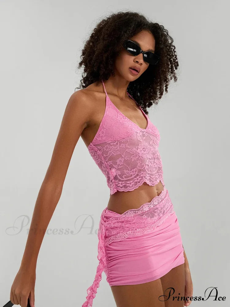 Transparent Lace Halter Crop Top Uneven Skirt Ensemble croptop-250126