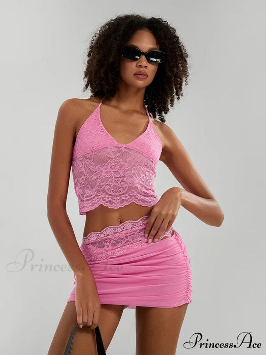 Transparent Lace Halter Crop Top Uneven Skirt Ensemble Rose Red / S croptop-250126