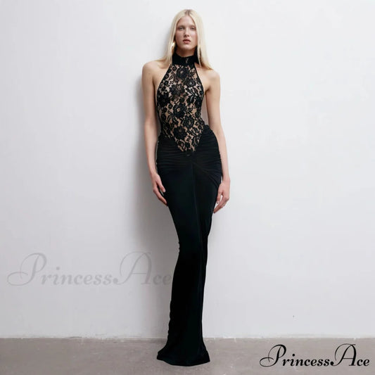 Transparent Lace Halter Open-Back Ebony Prom Gown promdress-250223