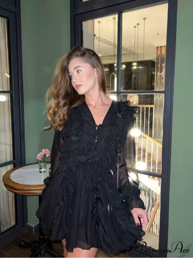 Transparent Lace Mesh Plunging Neckline Top Black / S blouse-250223